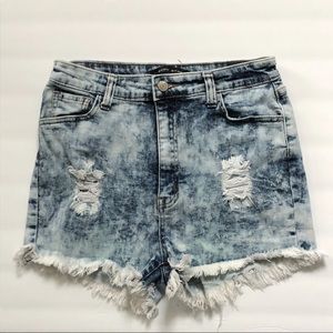 Acid wash, distressed, high waisted short shots
